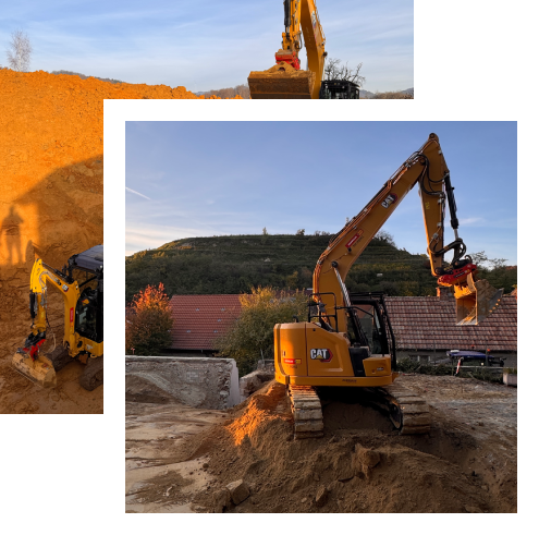 Collage von CAT-Baggern der KLB BAU GMBH im Einsatz auf verschiedenen Baustellen